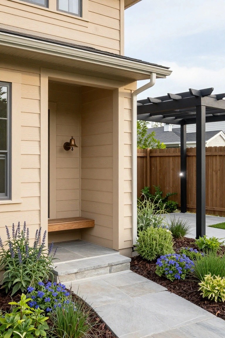 Beige horizontal cedar siding on a house exterior with recessed entryway, built-in wooden bench, bronze wall lantern, pergola cover, stone steps and pathway, and landscaped bed with lavender, blue flowers, grasses, and mulch.