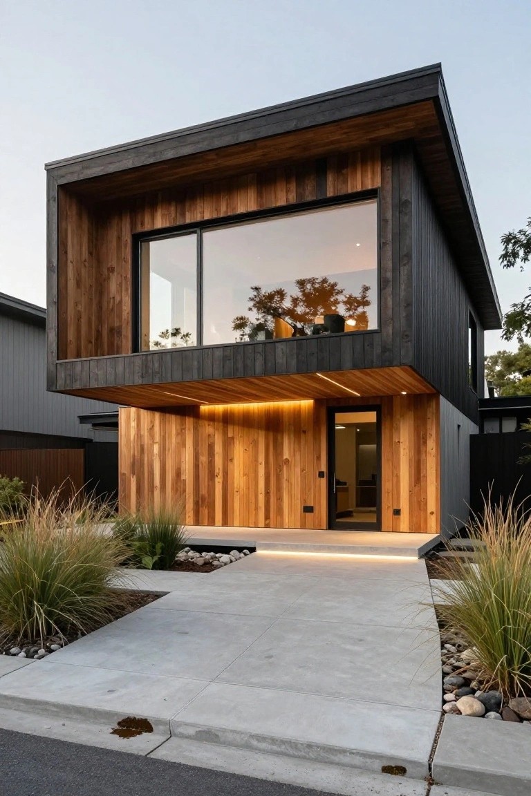 Modern house exterior with vertical cedar siding cladding a protruding entry box and overhang, large glass window above, black siding accents, LED-lit concrete pathway, and ornamental grasses flanking the driveway.