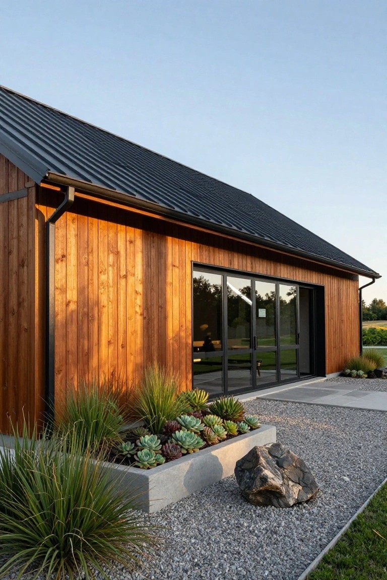 Side view of a modern single-story house featuring vertical warm-toned cedar siding, black corrugated metal sloped roof, large black-framed glass sliding doors, and a front gravel garden bed with succulents, grasses, and a large rock.