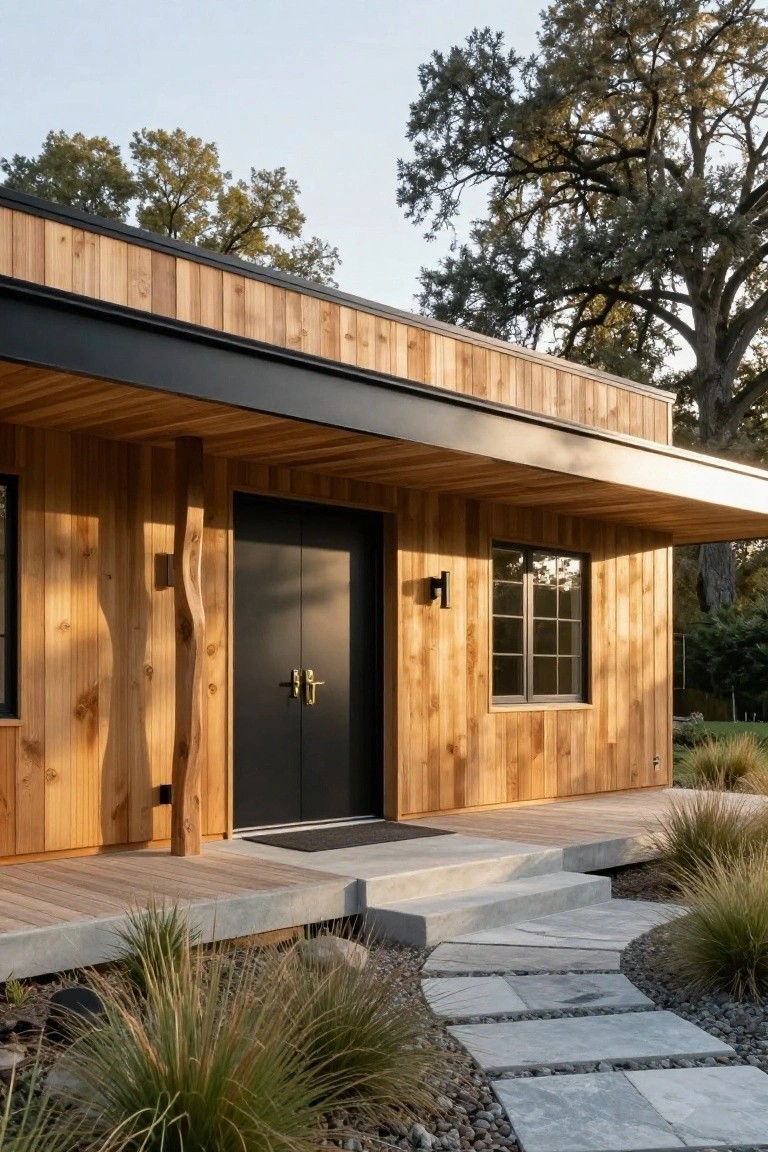 Modern house exterior featuring vertical cedar siding, black metal roof overhang, black double front doors, sculpted wood support post, wooden deck porch, concrete steps, and stone pathway with grasses and rocks.