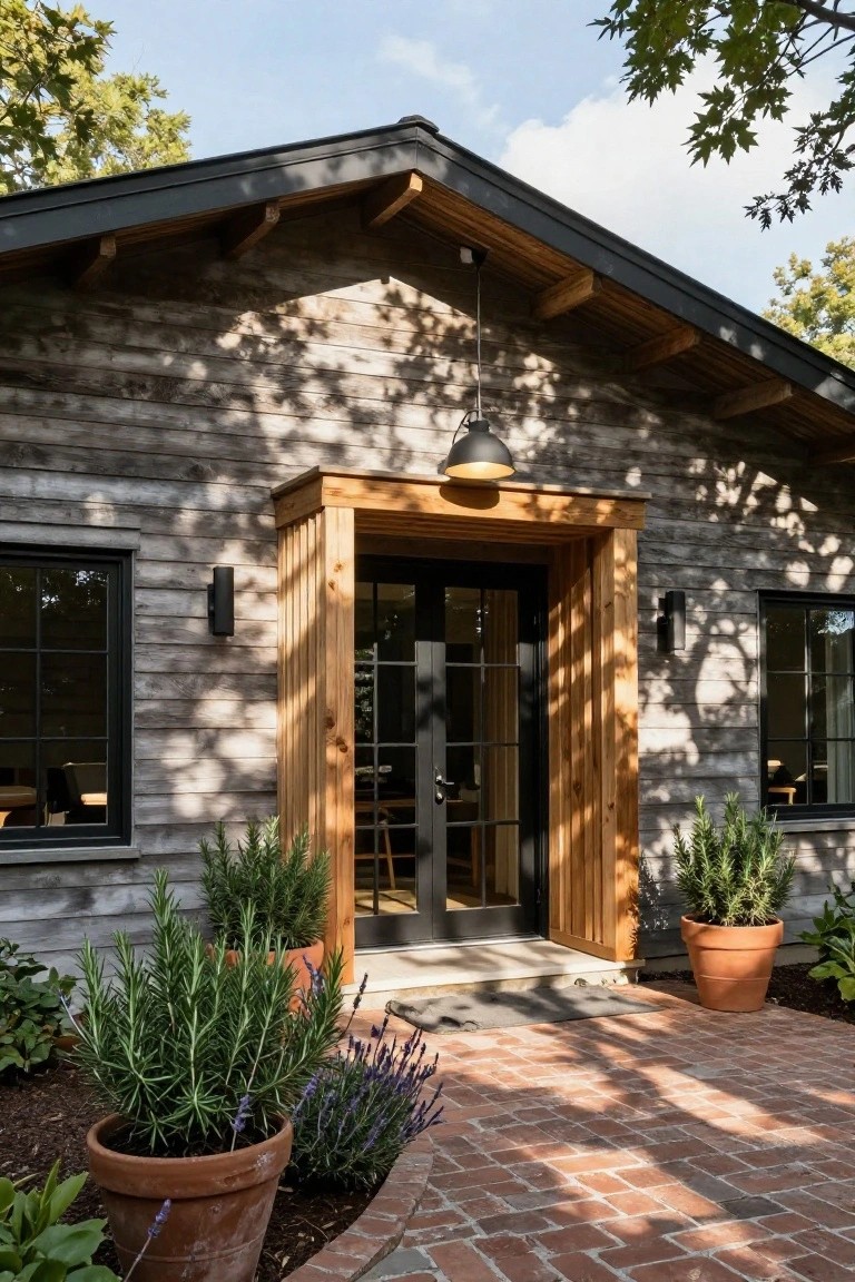 Front facade of a house clad in gray weathered cedar siding, featuring a wooden portico with vertical planks around black-framed double doors, flanked by black wall lights and large pots of rosemary and lavender on a brick pathway.