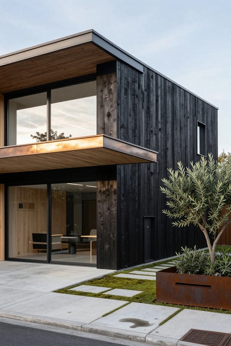 Modern two-story house exterior featuring black charred cedar siding, a copper awning over glass entry doors, light wood paneling inside the entry, an olive tree, and mossy stepping stones in the front yard.