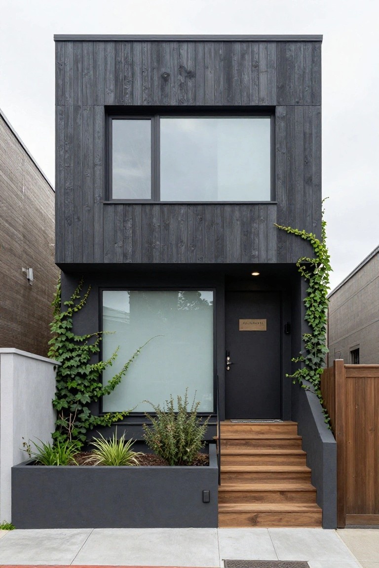 Narrow modern house with dark vertical charred wood siding, large frosted glass window beside black front door with brass nameplate, light wood steps leading to entry, climbing ivy on wall, plants in concrete planter box, and adjacent fence on concrete sidewalk.