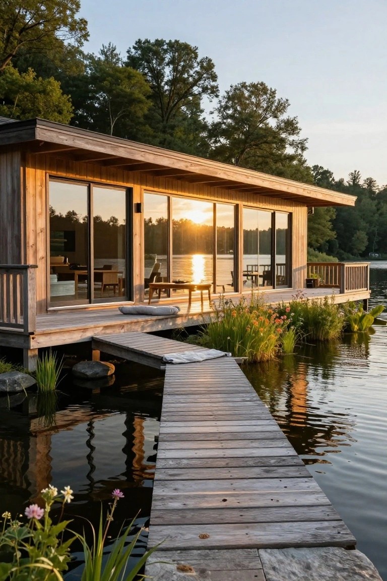 Wooden house clad in vertical cedar siding elevated on pilings over a lake, with large sliding glass doors on the facade, a deck with furniture, and a wooden pier extending into the water amid trees at sunset.
