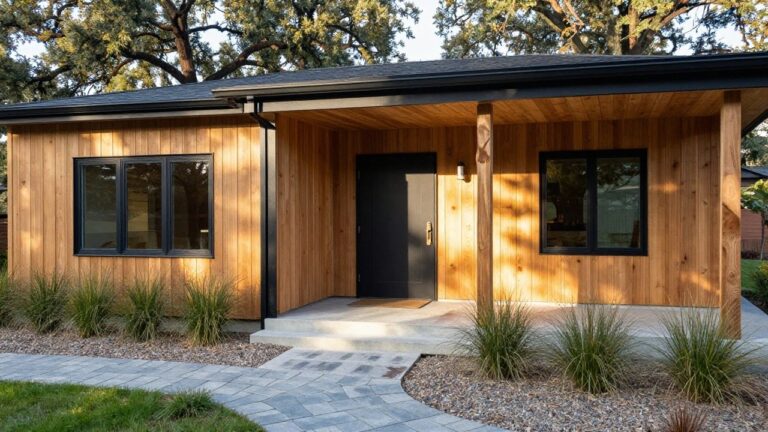 Modern house exterior featuring vertical cedar siding, black metal roof overhang, black double front doors, sculpted wood support post, wooden deck porch, concrete steps, and stone pathway with grasses and rocks.