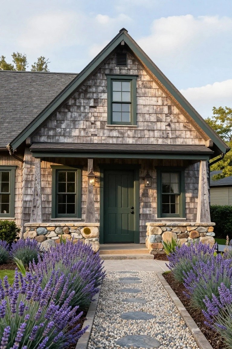 Front exterior of a house with weathered cedar shingle siding, gabled roofline over a small porch with dark green trim, double-hung windows, green front door, stone pillar supports, and rows of lavender bushes lining a gravel path with stepping stones.