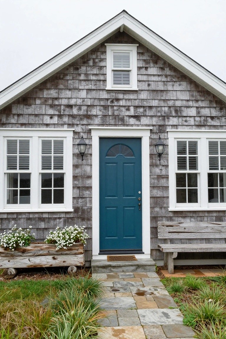 Gray shingle siding cottage exterior with white-framed windows, navy blue arched front door flanked by lanterns, wooden planter box with white flowers on left, wooden bench on right, and stone path to entry.
