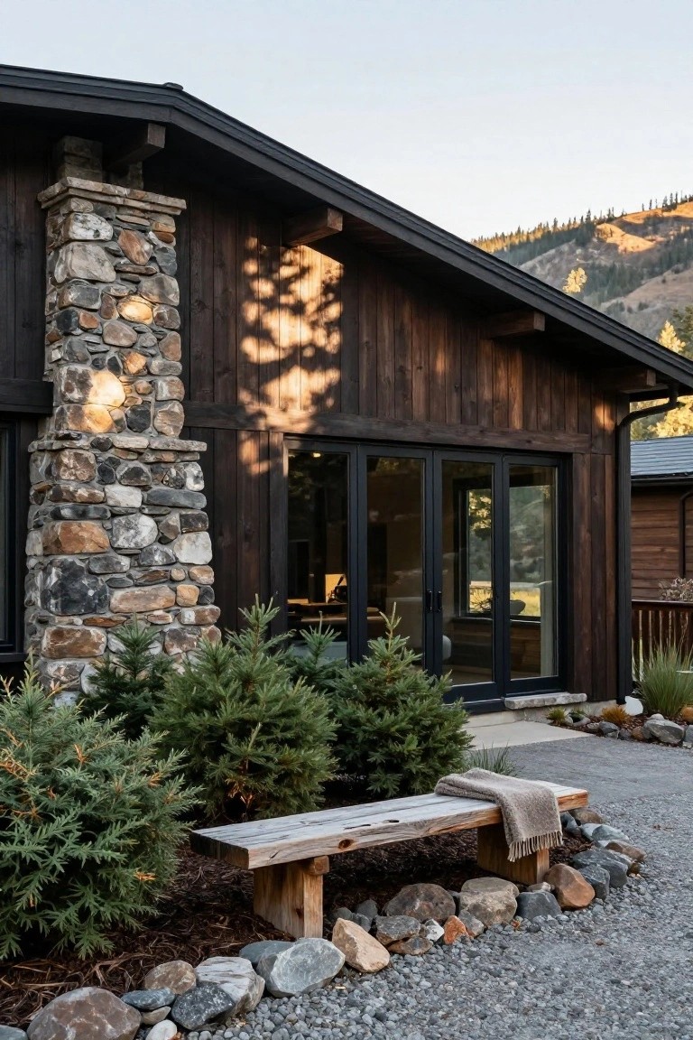Exterior side of a house with dark horizontal cedar siding, tall stone chimney pillar, black-framed sliding glass doors, flanked by small evergreen shrubs, wooden bench on gravel path edged with rocks, mountains in background.