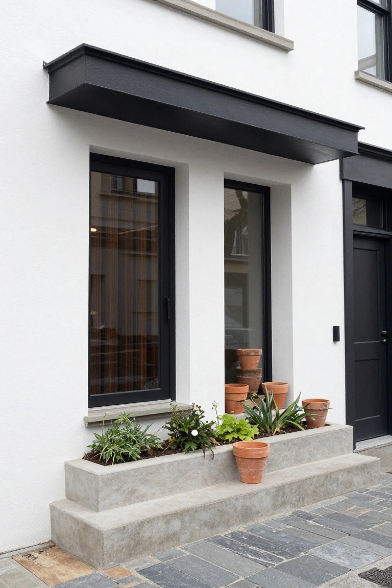 White stucco house facade with black-framed windows and door under a black awning, tiered concrete steps lined with terracotta pots of plants, and gray stone pavers in front.