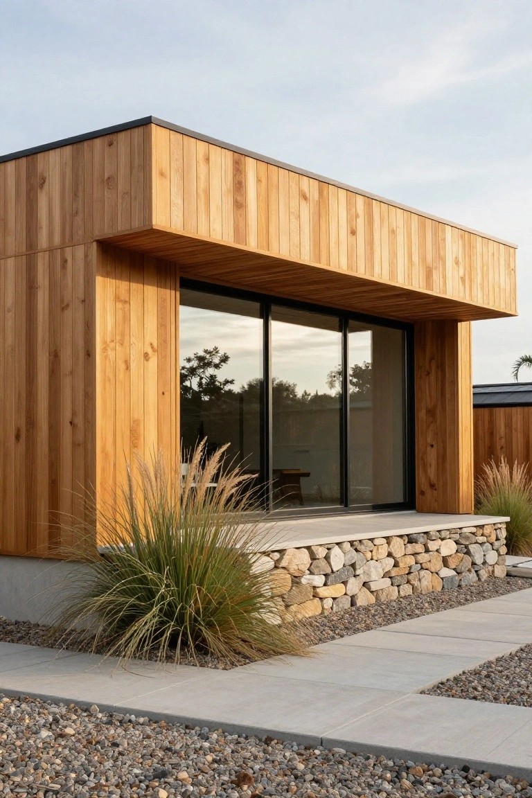 Corner view of a modern cedar-clad building with vertical wood siding, cantilevered roof overhang, black-framed sliding glass doors, stone retaining wall at base, ornamental grasses, and gravel ground cover.