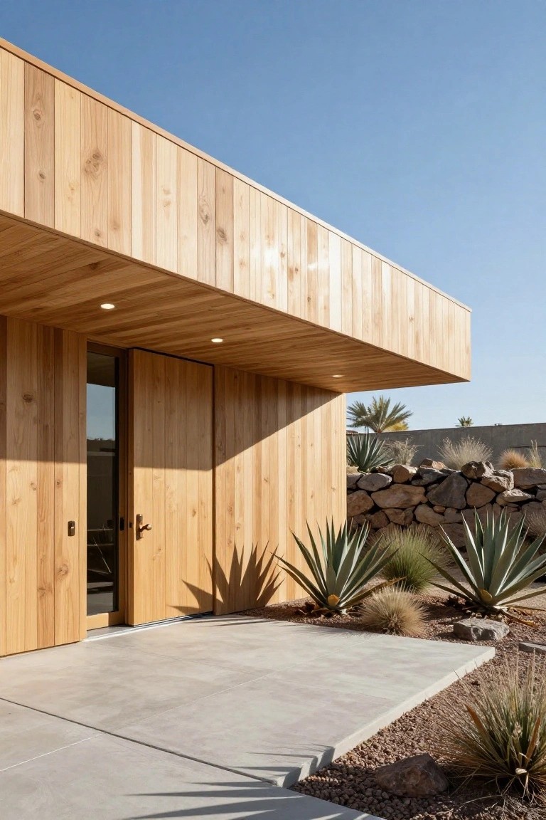 Modern house exterior featuring vertical cedar wood siding on walls and a cantilevered overhang above a double entry door with glass panels, surrounded by desert plants including agave and rock retaining walls on a concrete entry pad under clear blue skies.