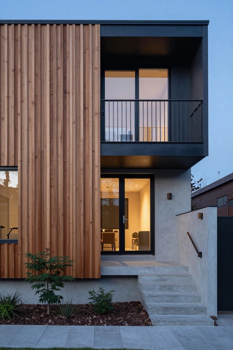 Modern two-story house exterior with vertical cedar wood cladding on one side, black upper section with metal balcony and railing, concrete steps to a glass entry door, and low plants along the base.
