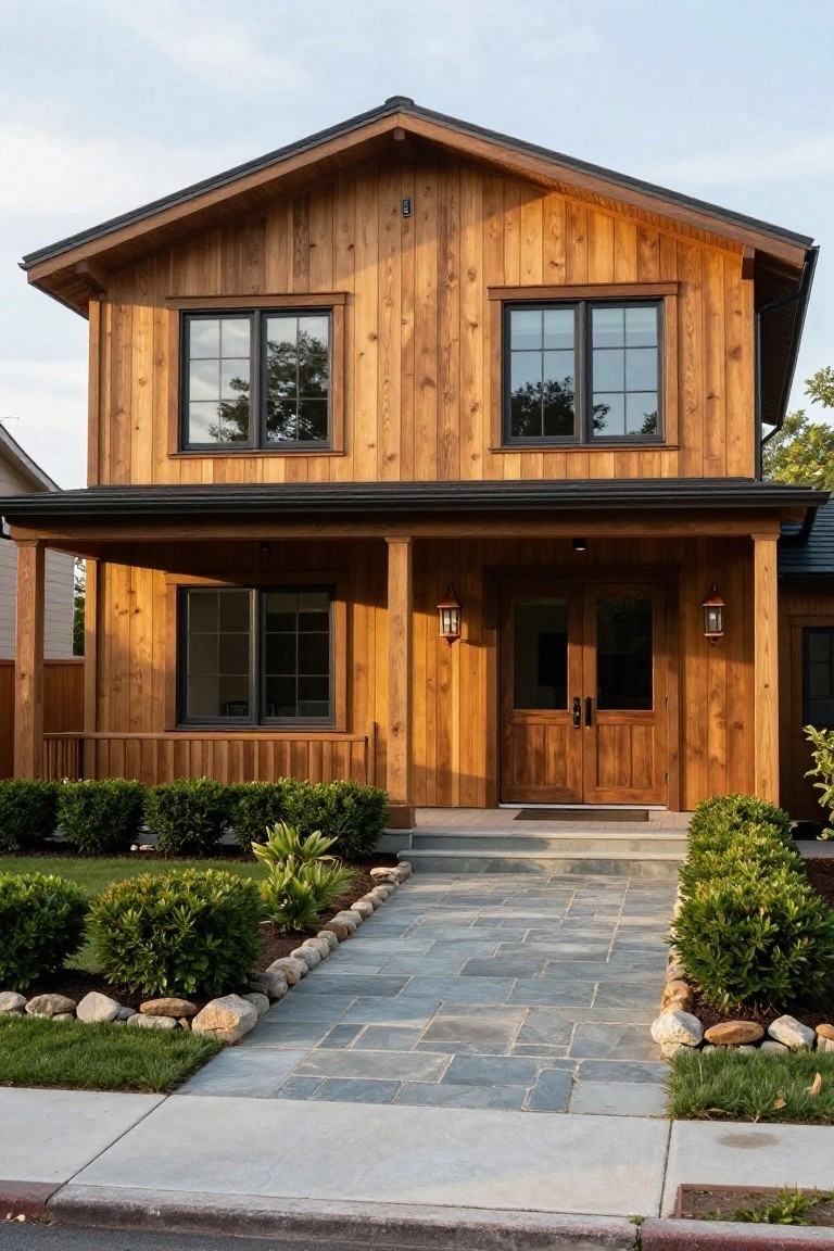 Two-story house with vertical cedar siding, black roof and window frames, covered front porch with double wood doors and lanterns, slate stone pathway, boxwood shrubs, and river rocks in the front yard.