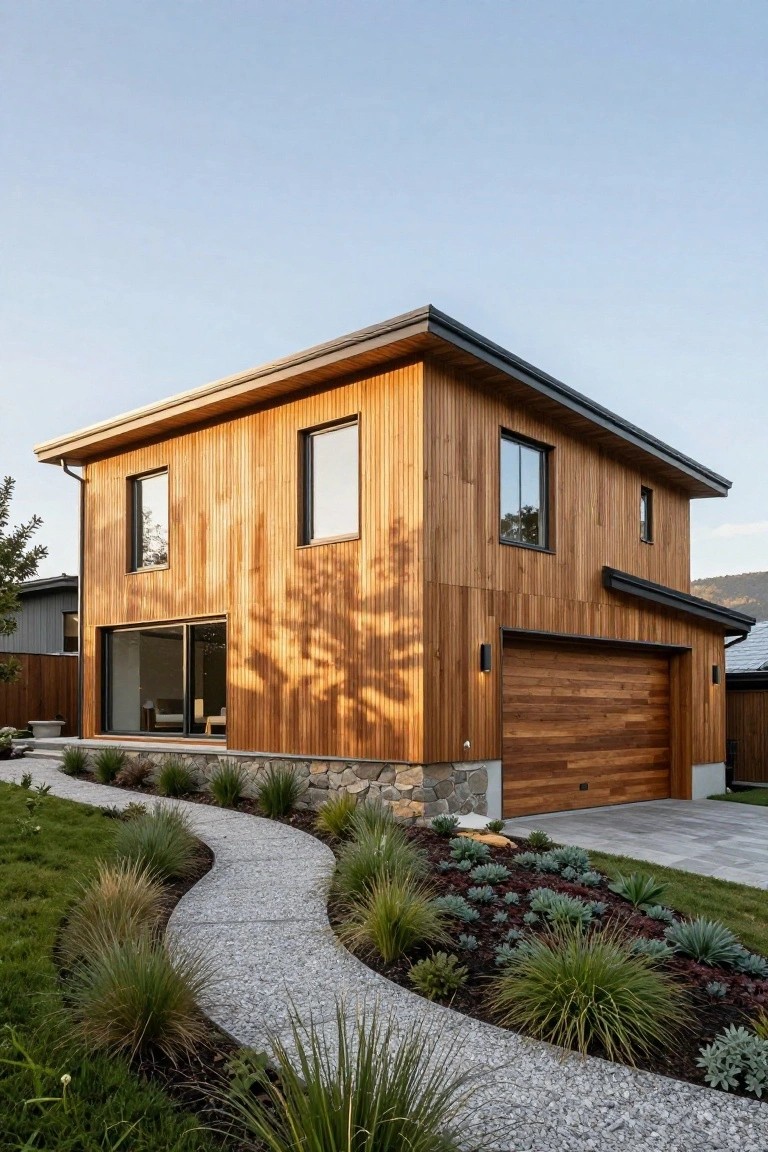 Two-story modern house with vertical cedar siding, stone foundation, wooden garage door, and curved gravel path edged by grasses and succulents.
