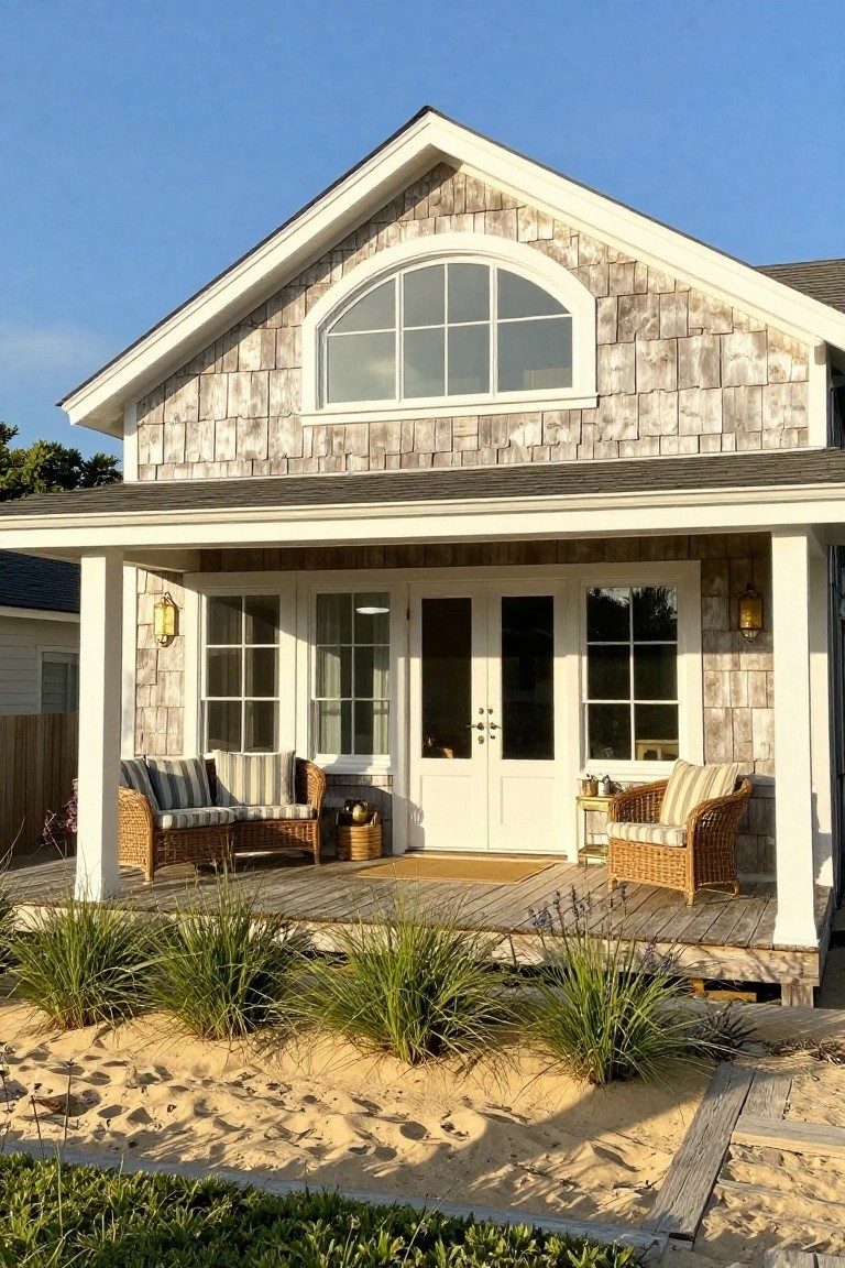 A beachfront house with light gray cedar shingle siding, white trim, gabled roof, arched window, covered porch with wicker furniture and cushions, flanked by dune grass and sand path.