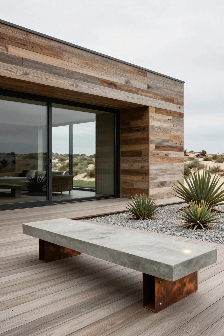 Modern house exterior featuring horizontal weathered cedar wood siding in varied tones on a boxy wall with large black-framed sliding glass doors, wooden deck, concrete bench with rusted steel legs, gravel bed with agave plants, and sand dunes in the background.