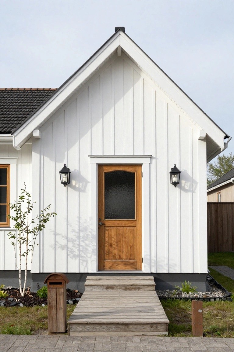 Front exterior view of a white board-and-batten gabled house with dark tiled roof, centered wooden door with glass panel flanked by black lanterns, wooden entry steps, tall wooden mailbox, birch tree, gravel garden bed, and paved walkway.