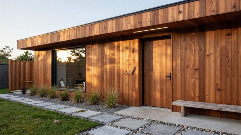 Modern house exterior featuring vertical cedar wood cladding, recessed front door with knob, adjacent wooden garage door, black-framed window, wooden bench, concrete step, stone pavers, gravel, and grasses in the entry area.