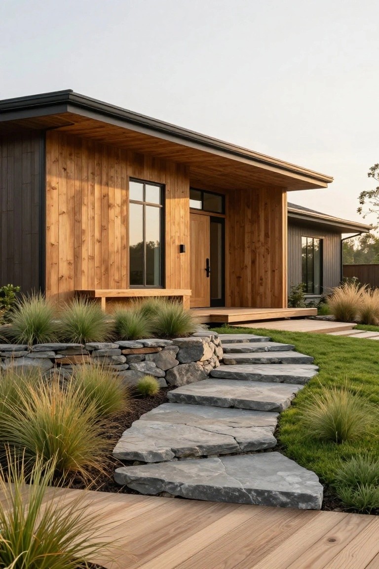 Modern house exterior with vertical light brown wooden siding, black-framed windows, wooden front door, built-in bench on a wooden deck, irregular stone steps, stone retaining wall, and clumps of ornamental grasses.