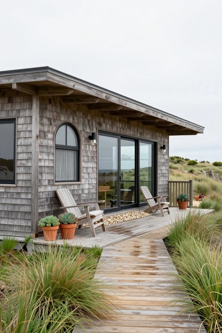 Side view of a small shingle-clad wooden house with black-framed windows and sliding glass doors opening to a deck furnished with Adirondack chairs and potted plants, connected by a wet boardwalk path through dune grasses.