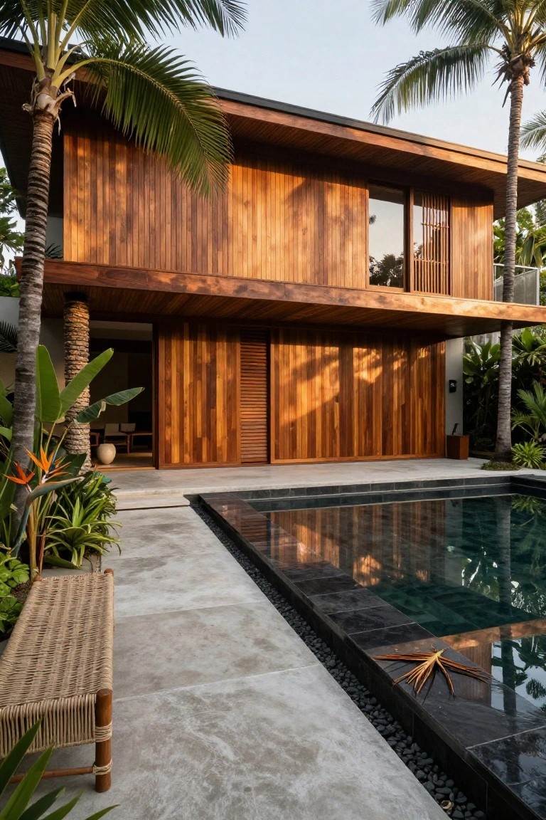 Modern two-story house exterior featuring vertical wooden cladding on walls and doors, overhanging wooden roof, stone pillar at entrance, adjacent black-tiled rectangular pool, surrounded by palm trees and tropical plants on a concrete deck.