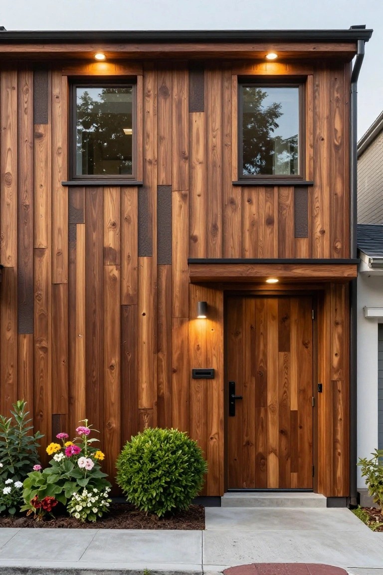 Front exterior of a modern two-story house with dark vertical wood siding, recessed windows, a wooden entry door with sidelights, wall-mounted lights, and low landscaping with flowers and shrubs along the concrete path.