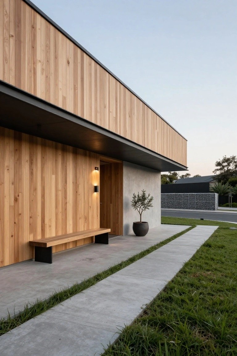Modern house exterior with vertical light-toned wood cladding on walls, black steel cantilevered overhang and bench supports, recessed entry door with wall lights, concrete pathway edged in grass, and potted olive tree nearby.