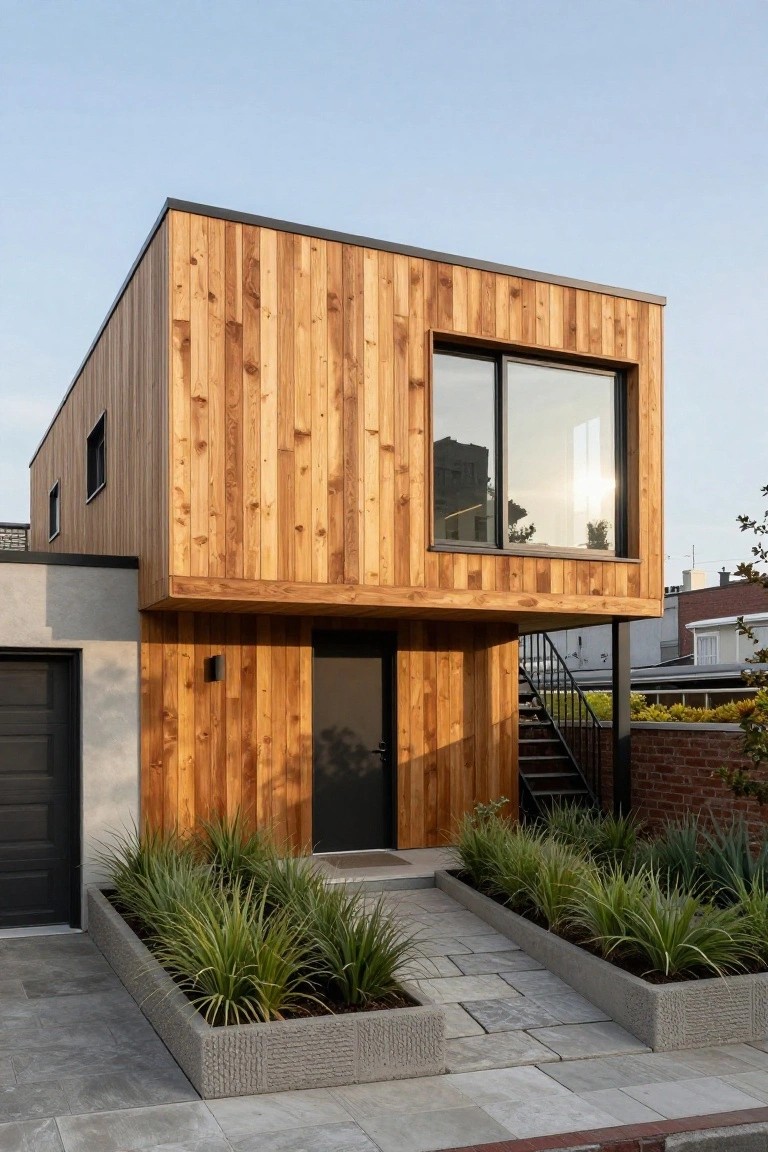 A two-story modern house exterior clad in vertical wooden planks, featuring black-framed windows, a dark front door, elevated on a base with a garage, and flanked by concrete planters with grasses along a stone pathway.