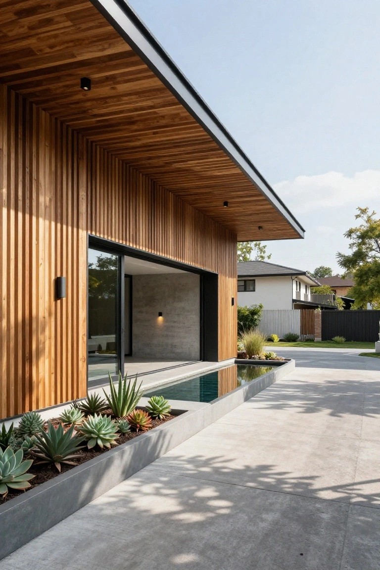 Side exterior of a modern house featuring vertical timber cladding, a large sliding glass door with concrete surround, a shallow rectangular reflecting pool lined with succulents in concrete planters, and paved courtyard area under a wooden overhang.