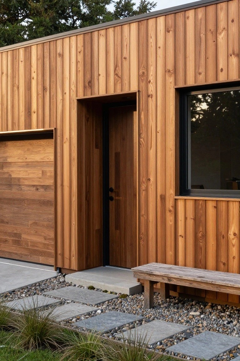 Modern house exterior featuring vertical cedar wood cladding, recessed front door with knob, adjacent wooden garage door, black-framed window, wooden bench, concrete step, stone pavers, gravel, and grasses in the entry area.