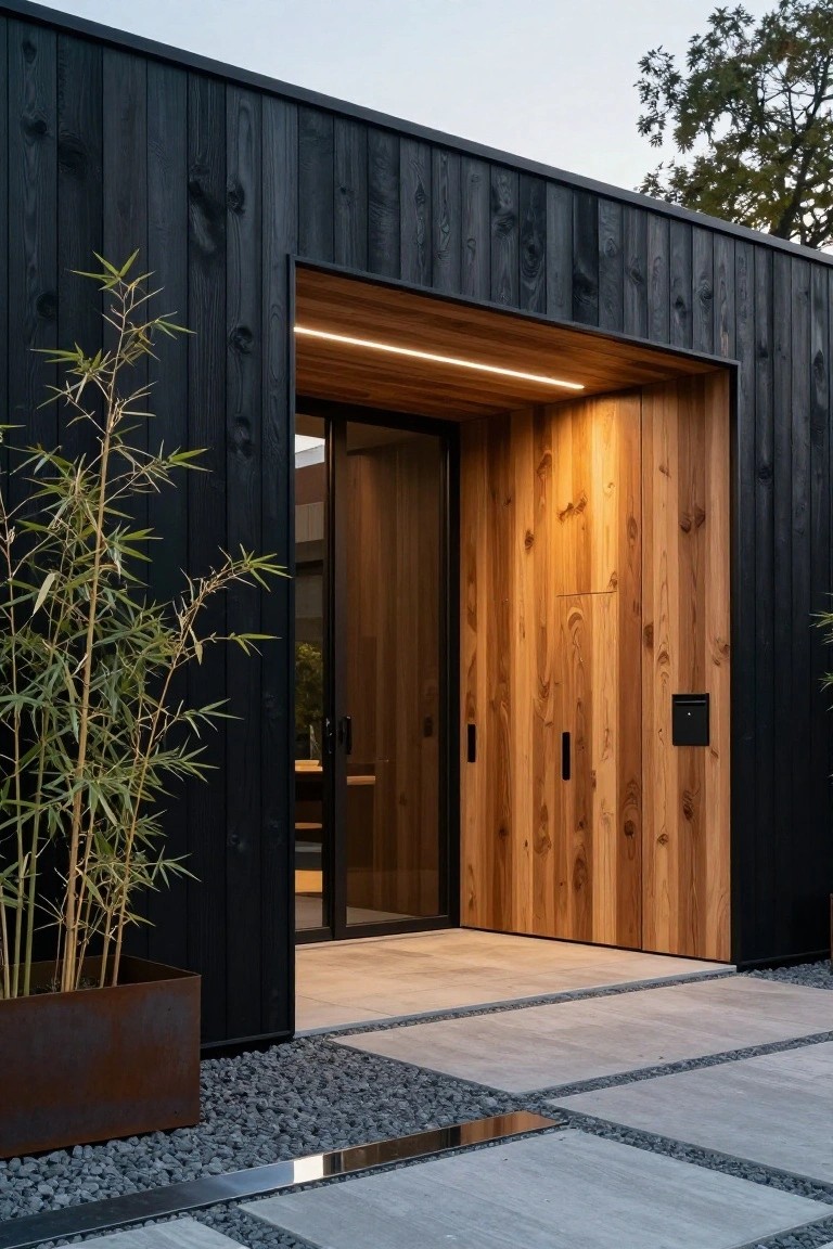 Modern house entrance with black vertical wood cladding, recessed warm-toned horizontal wood door frame and panels, slim LED light strip above the glass door, large potted bamboo plant to the side, and pebbled path with concrete pavers leading up.