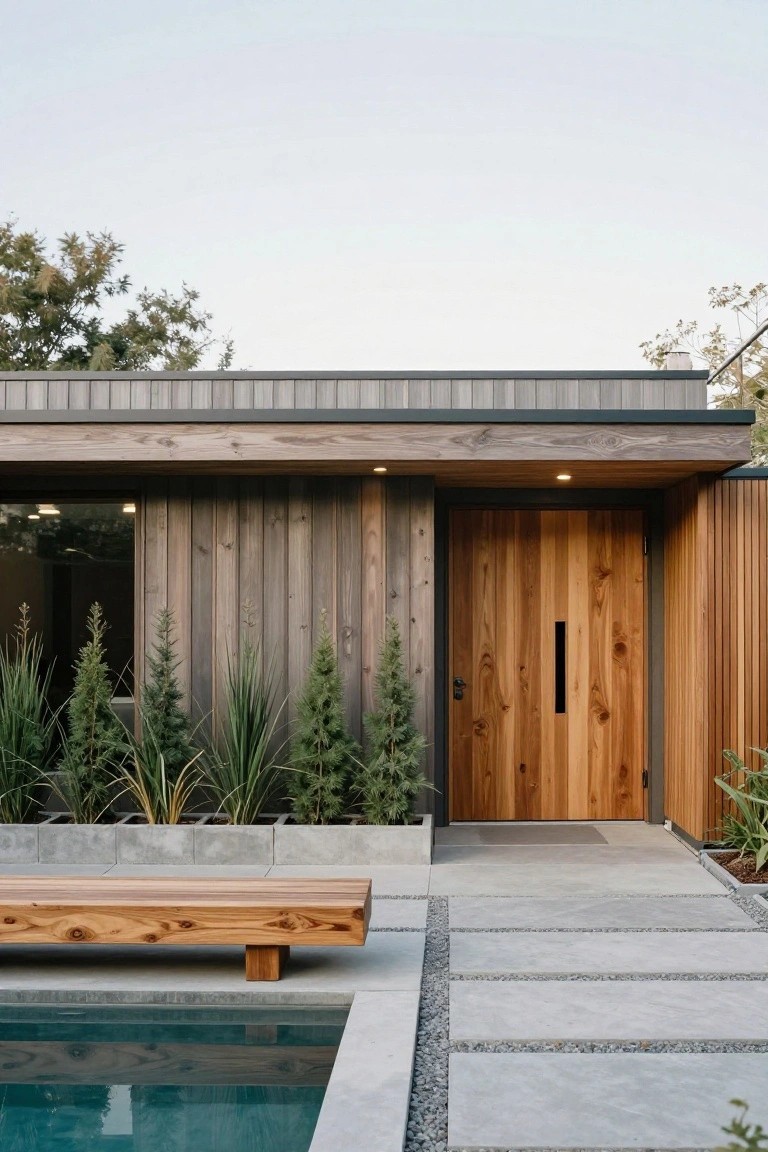 Modern house exterior with gray metal roof, vertical cedar wood siding, large wooden front door with black vertical slat and handle, flanked by potted agaves and pine trees, wooden bench on concrete path, infinity pool edge in foreground.