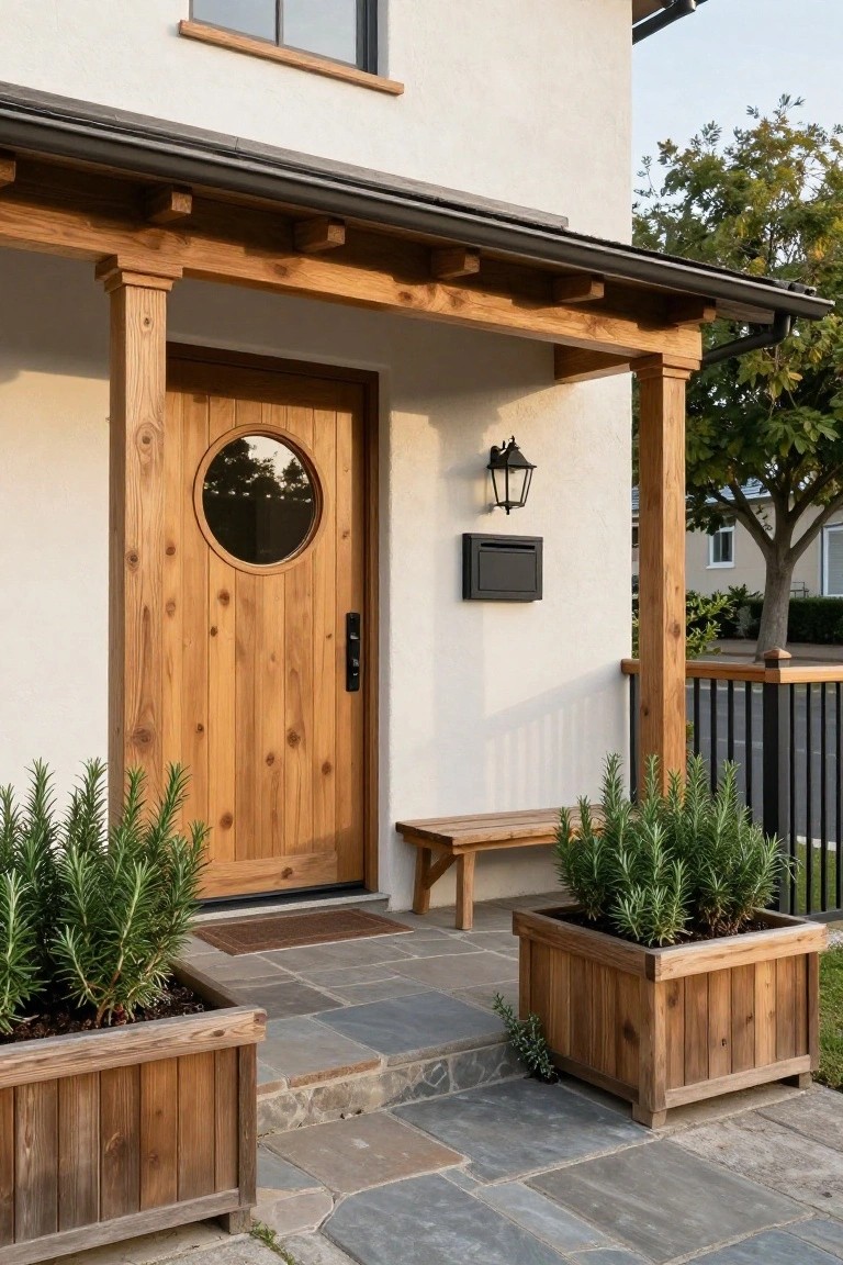 Front porch of a beige stucco house with wooden beams and columns supporting the roof, a wooden door with round window, black lantern light, mailbox, wooden bench, rosemary plants in wooden boxes flanking stone steps and path.