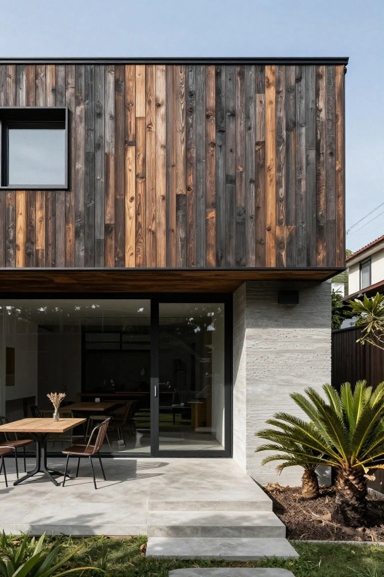 Modern house exterior featuring vertical charred wood siding in dark tones, a tall concrete pillar, large black-framed sliding glass doors opening to an outdoor patio with wooden dining table and chairs, concrete steps, and surrounding grass and palm plants.