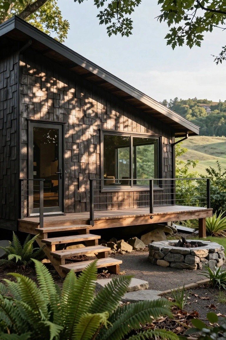 Small modern cabin with dark wood shingle siding, elevated wooden deck, metal railing, stairs, stone fire pit, ferns, and trees against distant green hills.