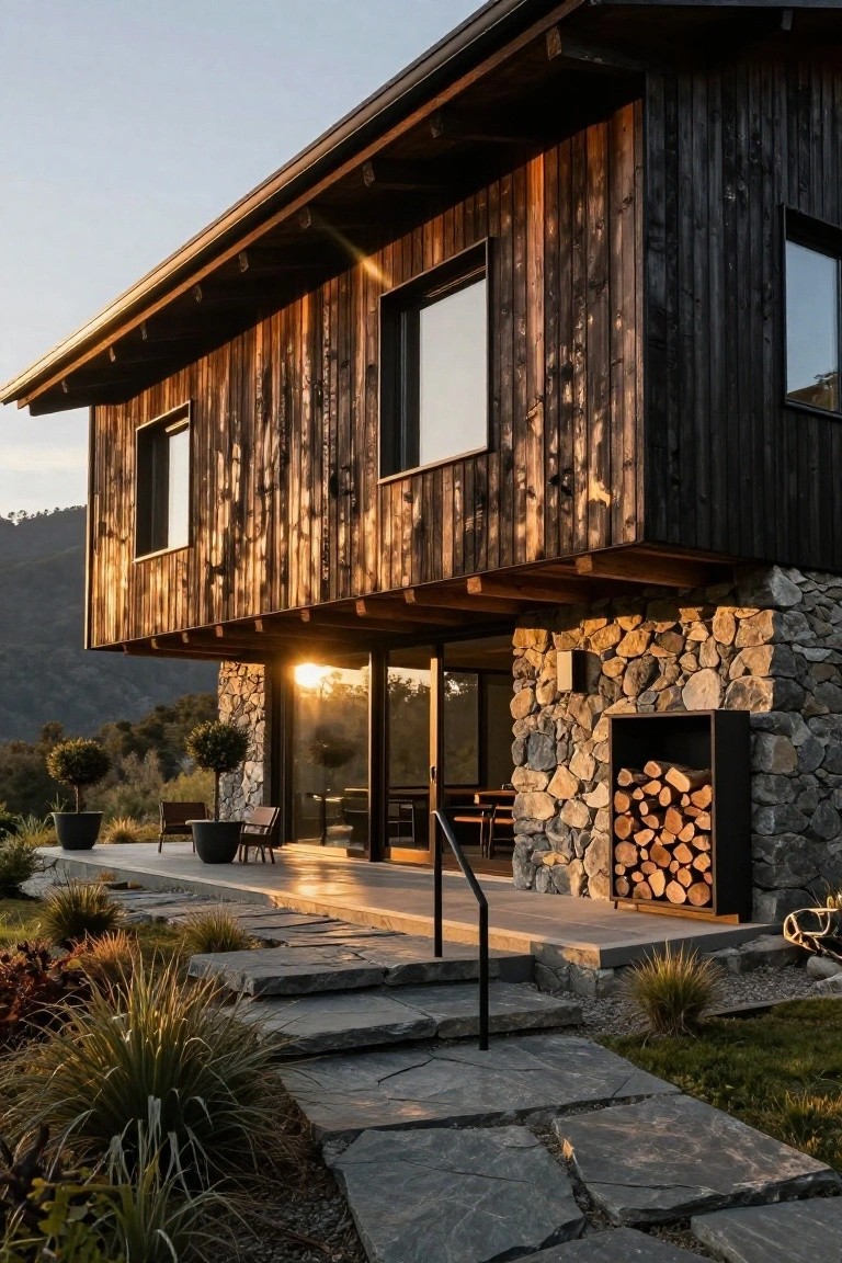 Modern house exterior featuring dark vertical wood cladding on upper levels, gray stone base and walls, large glass sliding doors, wooden deck with furniture, stone pathway with steps, firewood holder, grasses and plants, and hillside landscape at sunset.