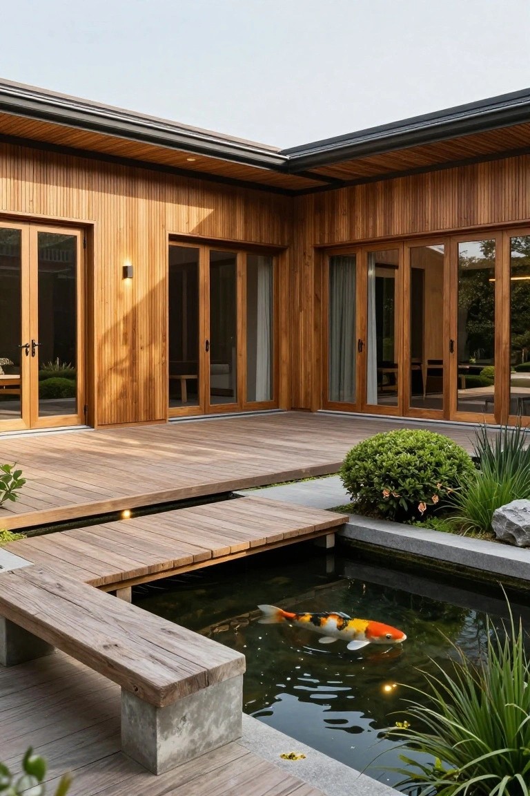 Corner view of a modern wooden house with teak-clad walls and large glass doors, featuring a wooden deck, walkway bridge over a rectangular koi pond with orange and white koi fish, a wooden bench, surrounding plants, and stone elements.
