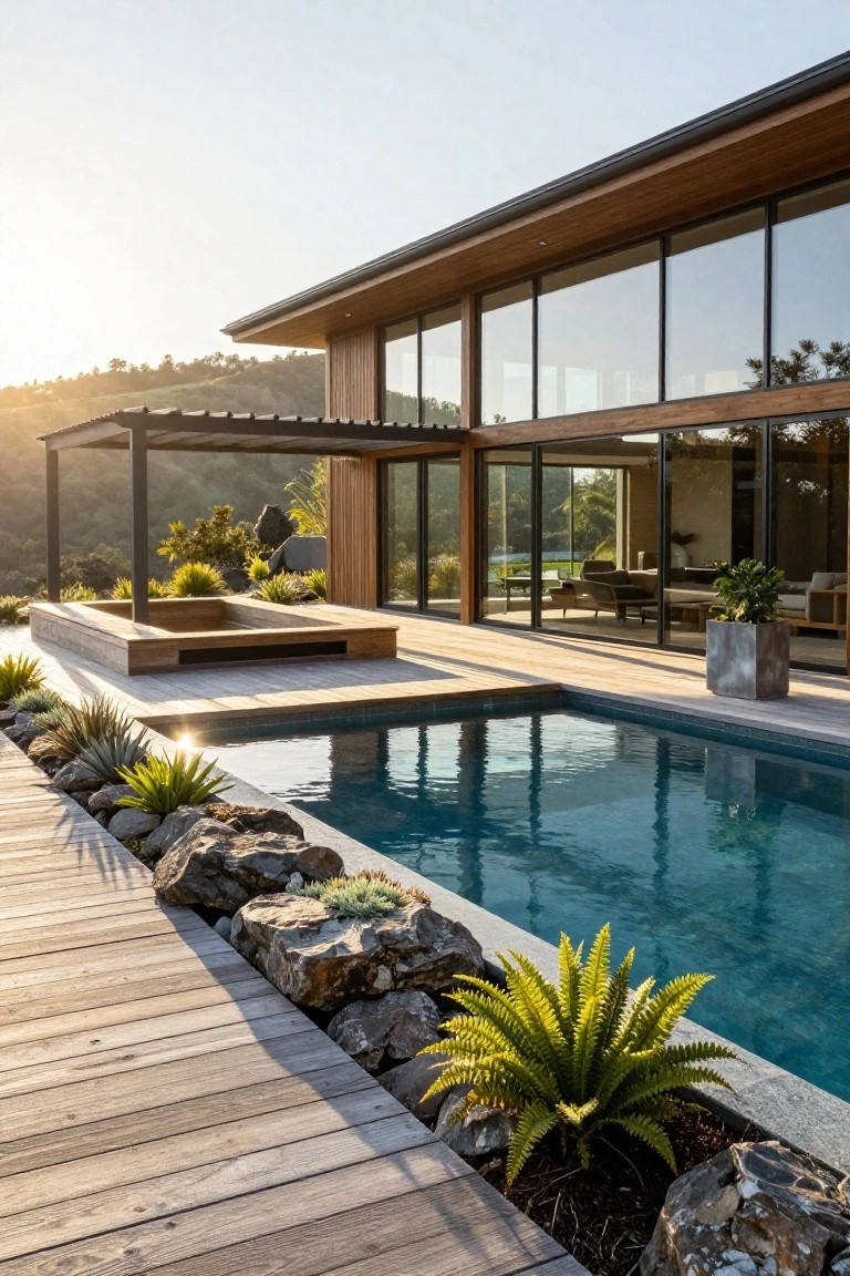Modern wooden house exterior with large glass walls, a pergola-covered seating platform, wooden deck leading to an infinity-edge pool bordered by rocks and plants on a hillside at sunset.