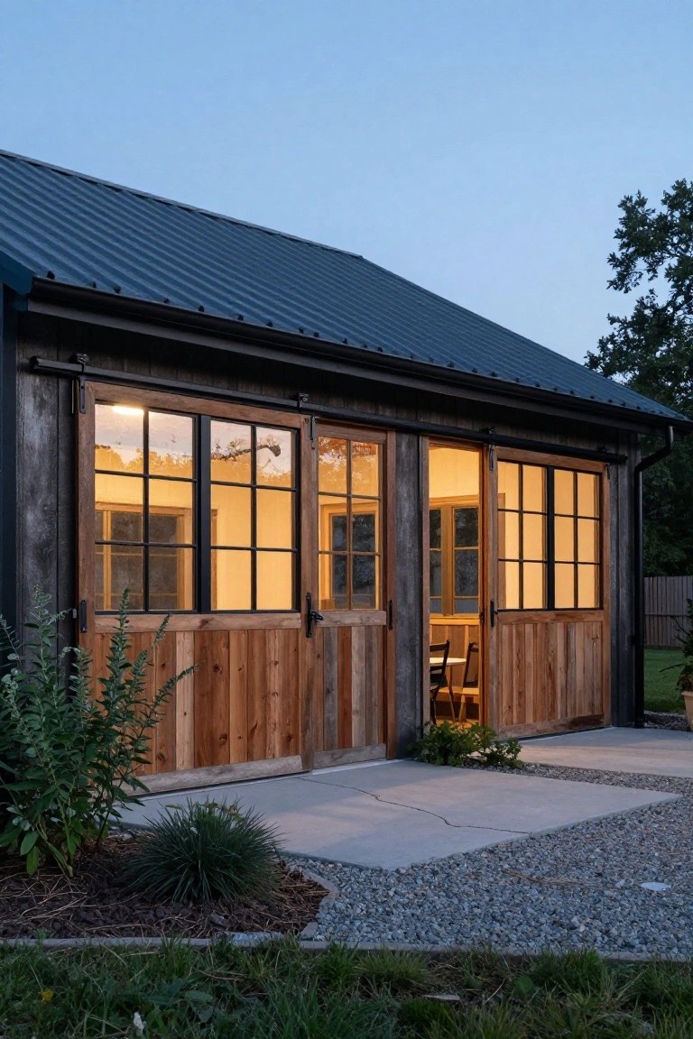 Exterior of a rustic wooden garage or shed with large sliding barn doors, multi-pane windows, dark metal roof, gravel patio, and low plants at dusk.