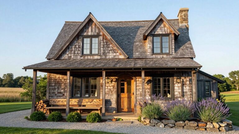 Small gabled wooden house covered in dark gray shingle siding, featuring a covered front porch with timber posts, a wooden bench, lanterns, stacked firewood, and lavender plants bordered by stones and gravel.