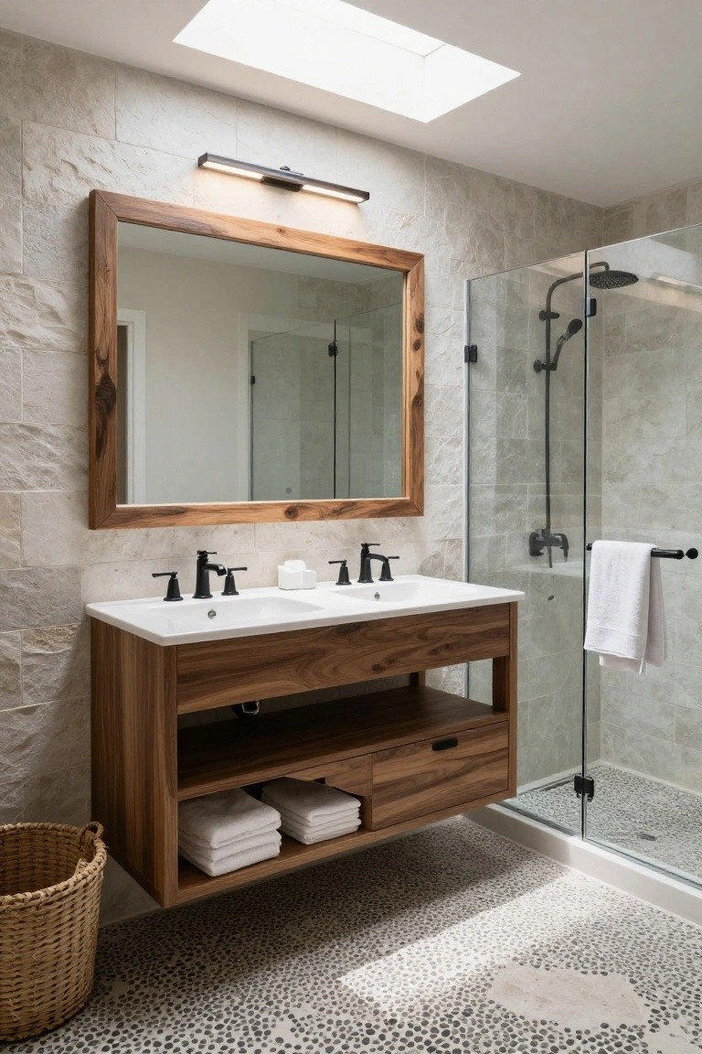 Modern bathroom with light gray stone tile walls and pebble floor, featuring a large rectangular mirror in wooden frame, floating double sink vanity in walnut wood with open shelves and drawer, and glass-enclosed shower with black fixtures.