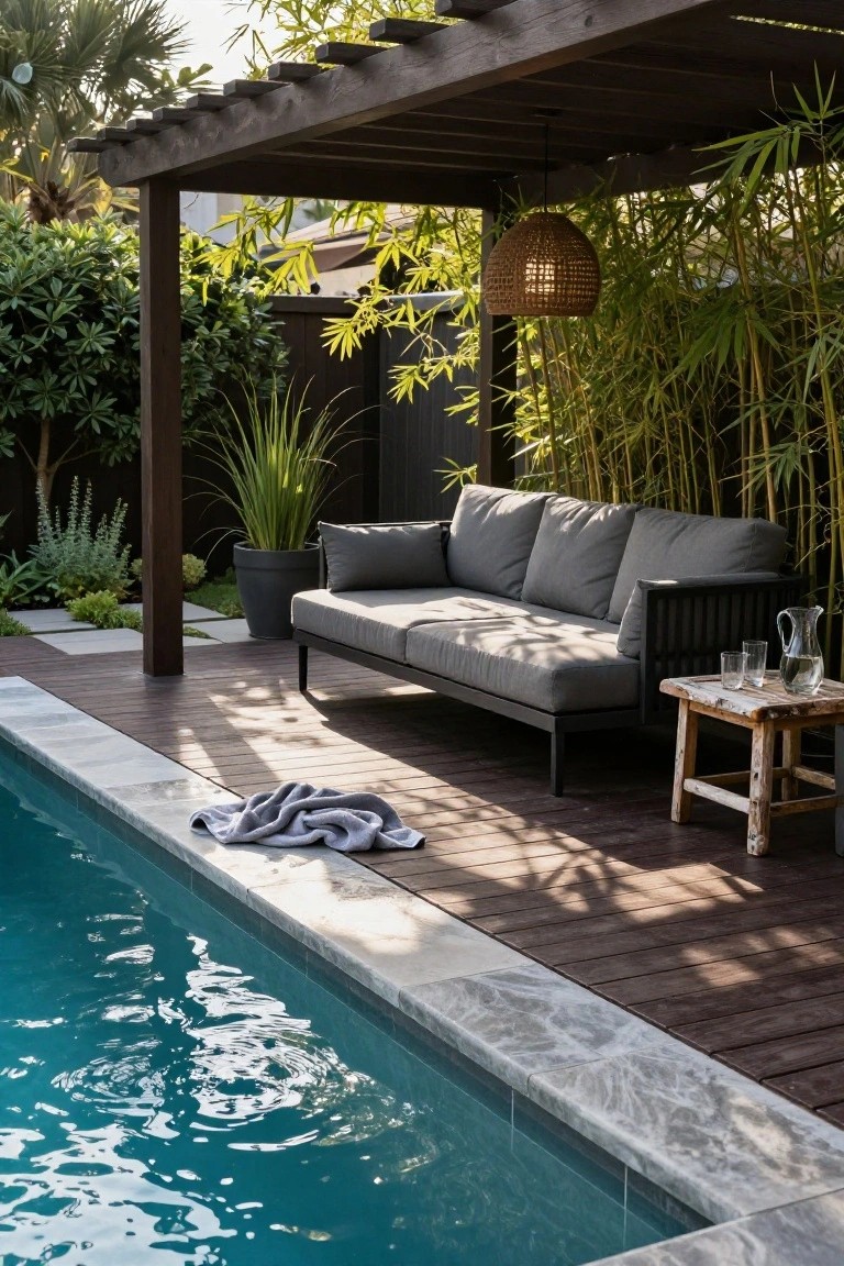 Wooden pergola shading a gray outdoor sofa next to a turquoise pool, with bamboo plants, a small table, glasses, pitcher, and towel on the dark wood deck edged in stone.