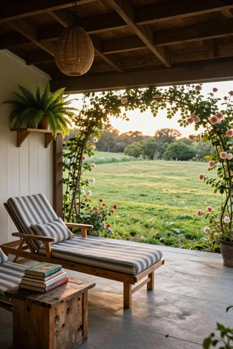 Covered wooden porch with a striped cushioned chaise lounge, wooden side table stacked with books, potted fern on wall shelf, rattan hanging lantern, and pink climbing roses on an archway overlooking green fields at sunset.