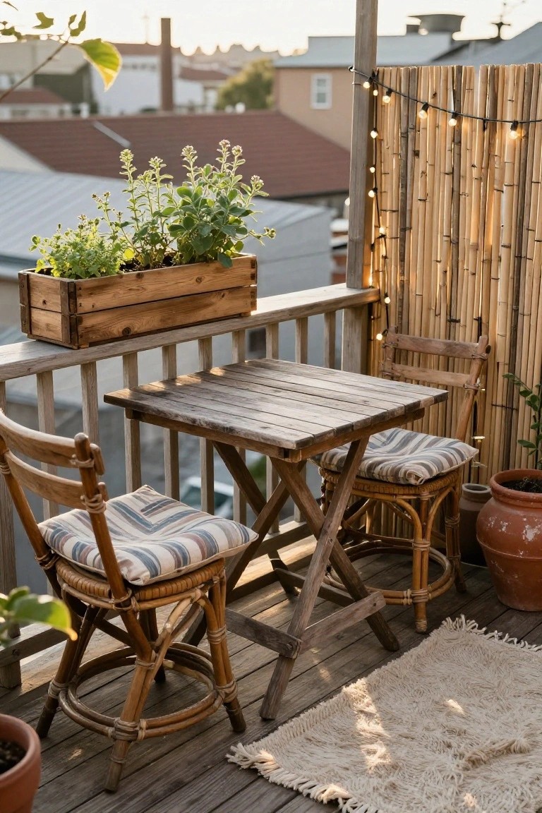 Small balcony deck with wooden railing, square weathered wood table, two rattan chairs with striped cushions, wooden herb planter box, bamboo privacy screens, string lights, terracotta pots, and a woven rug overlooking rooftops in evening light.