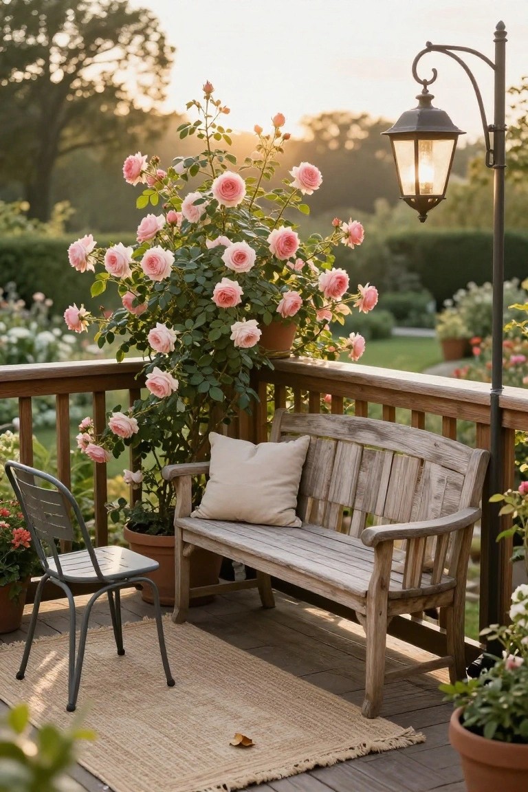 Weathered wooden bench with cushion on a deck balcony surrounded by tall climbing pink rose bushes, a metal chair, woven rug, potted plants, and a black metal lantern post, with garden and trees in the background at sunset.