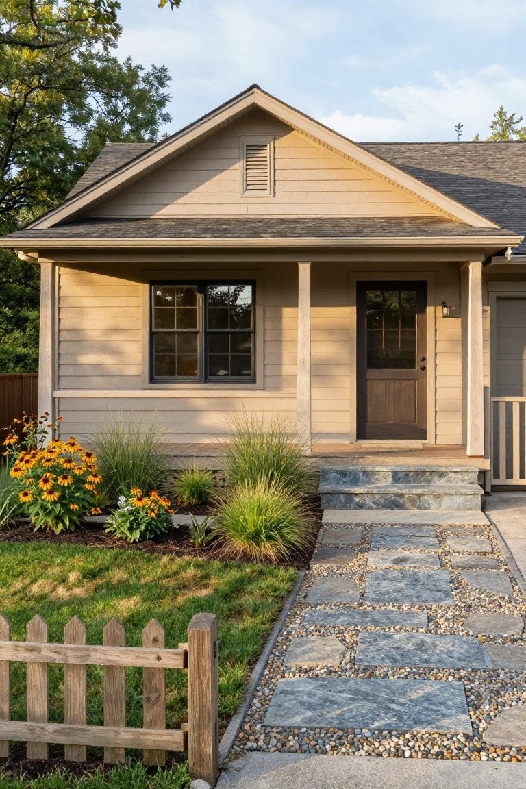 Beige Craftsman-style house exterior featuring a covered front porch with wooden posts, dark wood door and window, stone steps, flagstone path with gravel, orange flowers, grasses, and wooden picket fence in a green yard.