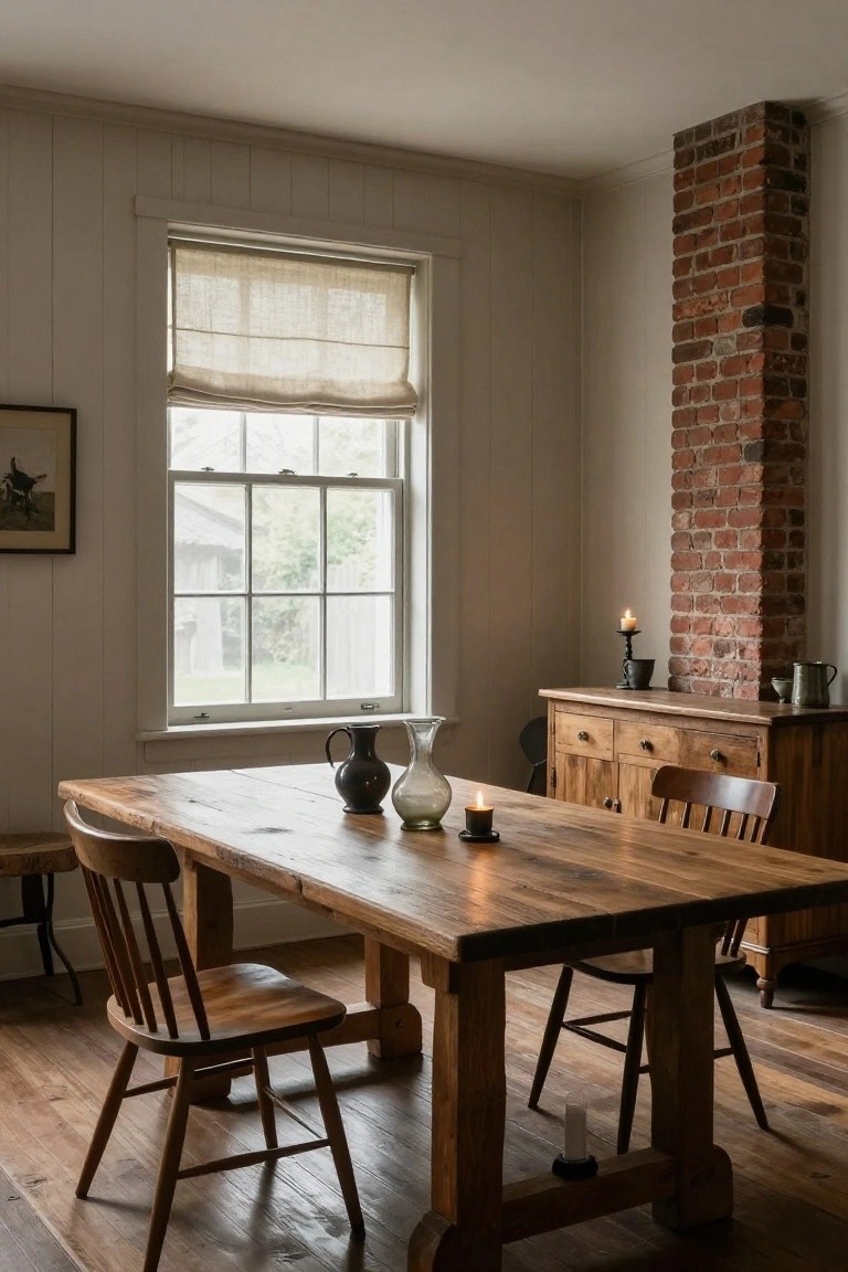 A rustic wooden dining table with four chairs in a room with white paneled walls, exposed brick chimney, linen window shade, wooden sideboard, and candles on the table.
