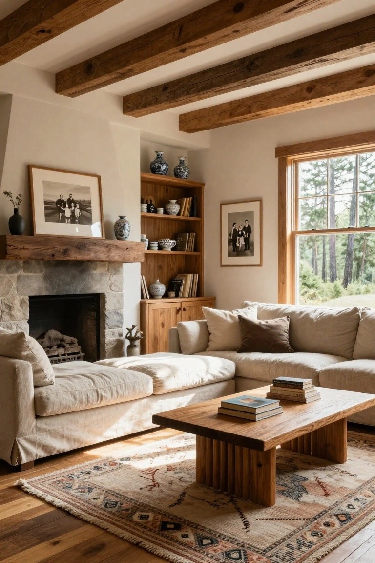 Cozy living room interior featuring exposed dark wooden ceiling beams, stone fireplace with wooden mantel, beige sectional sofa, wooden coffee table, bookshelves with ceramics and photos, and large windows overlooking pine trees.