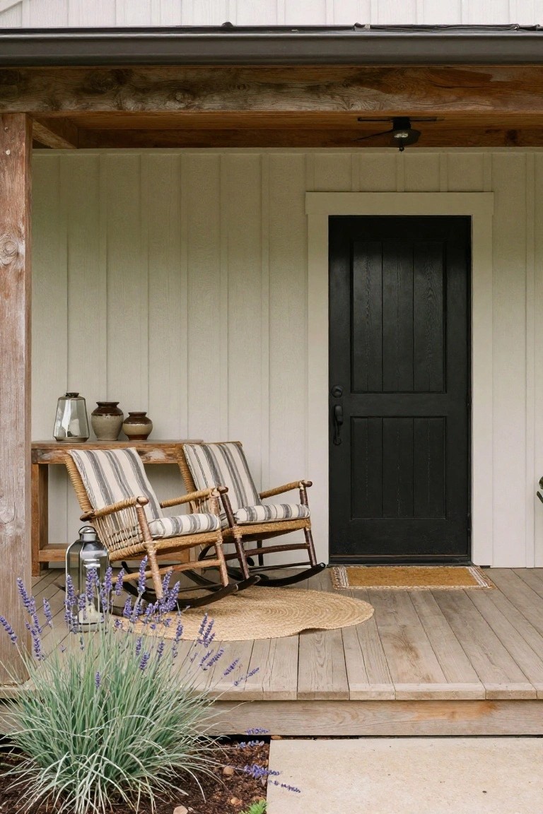 White shiplap siding porch with black wood front door, two wicker rocking chairs with striped cushions beside a wooden console table holding lanterns and pottery, lavender plants in foreground, seagrass rug on wood deck.