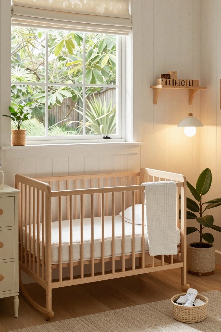 A light wood crib with mattress and blanket stands in a white paneled nursery room next to a matching dresser, with plants, a pendant light, shelves, and a window showing garden plants outside.